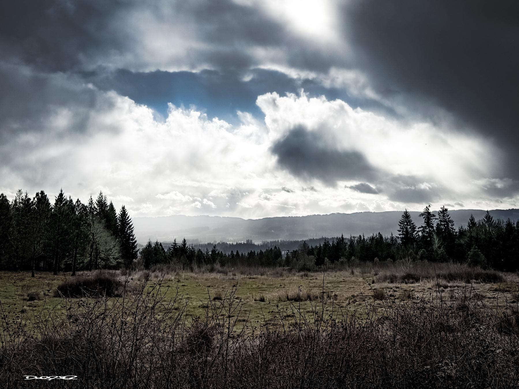 3) Filtered photo: A scenic landscape features a cloudy sky with patches of blue, sunlight breaking through, and a grassy field bordered by trees.