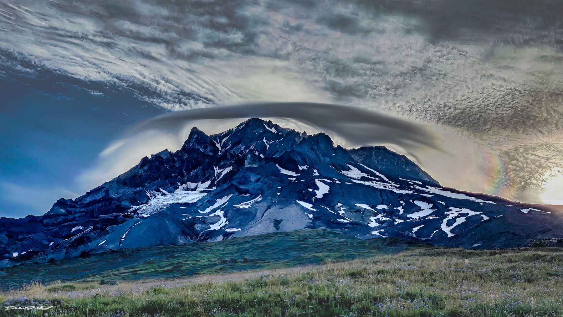 A dramatic landscape features a rugged Wy'East with swirling clouds above and patches of snow.